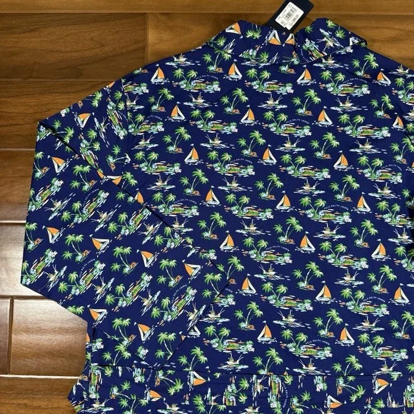 Polo Ralph Lauren Mens Size L / XL Blue Tropical Sailboat Print 100% Cotton Robe - Picture 10 of 13